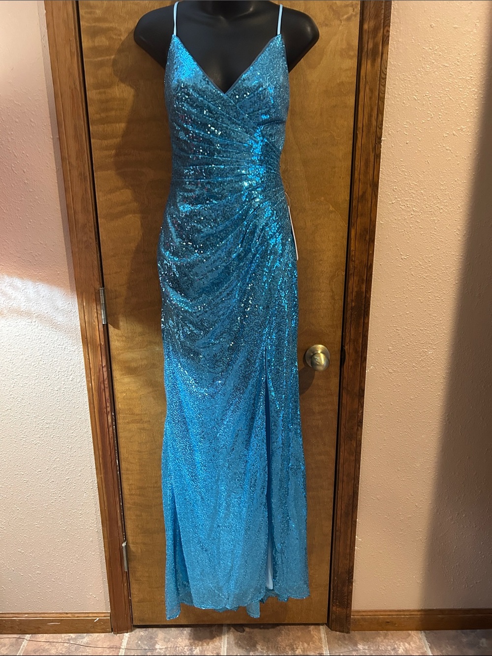 Shimmering Teal Sequin Prom Gown with Spaghetti Straps